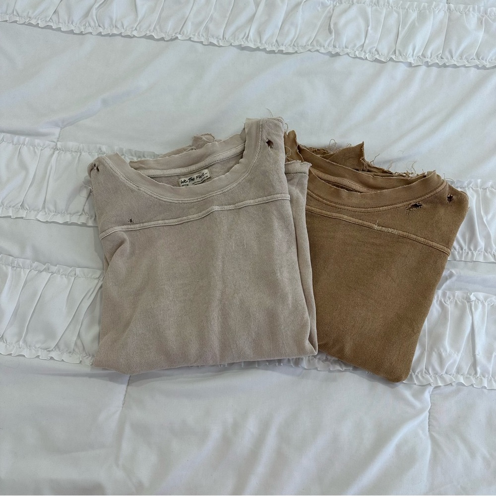 Free People Beige and Brown Vintage-Inspired Sweatshirt Tops
